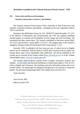 Image Invitation to publish in the Vietnam Journal of Food Control – 2022